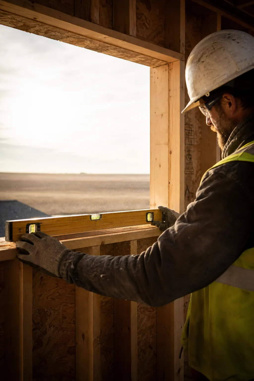 Carpenter checking a framed window with a level