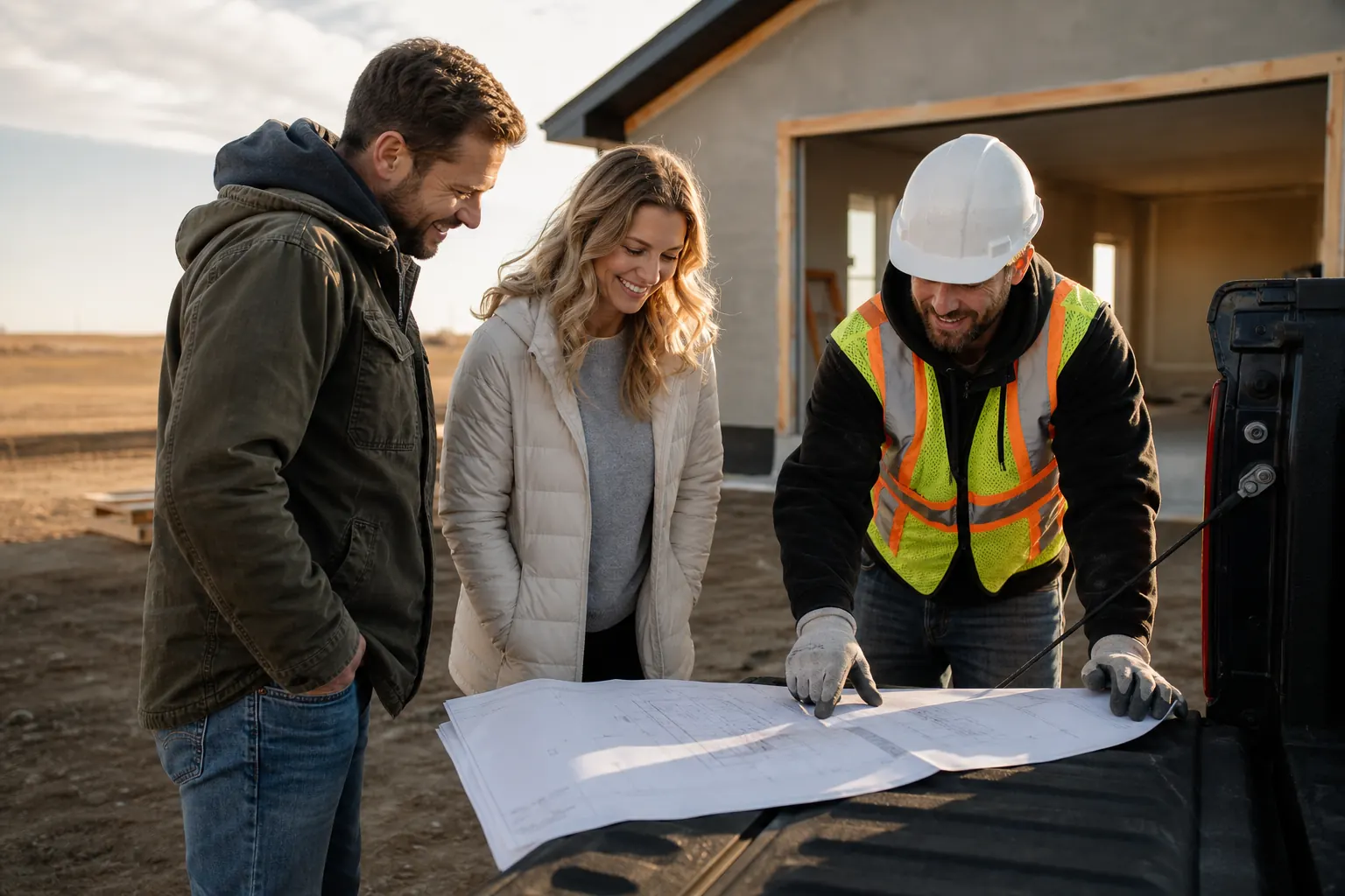 Contractor reviewing plans with homeowners
