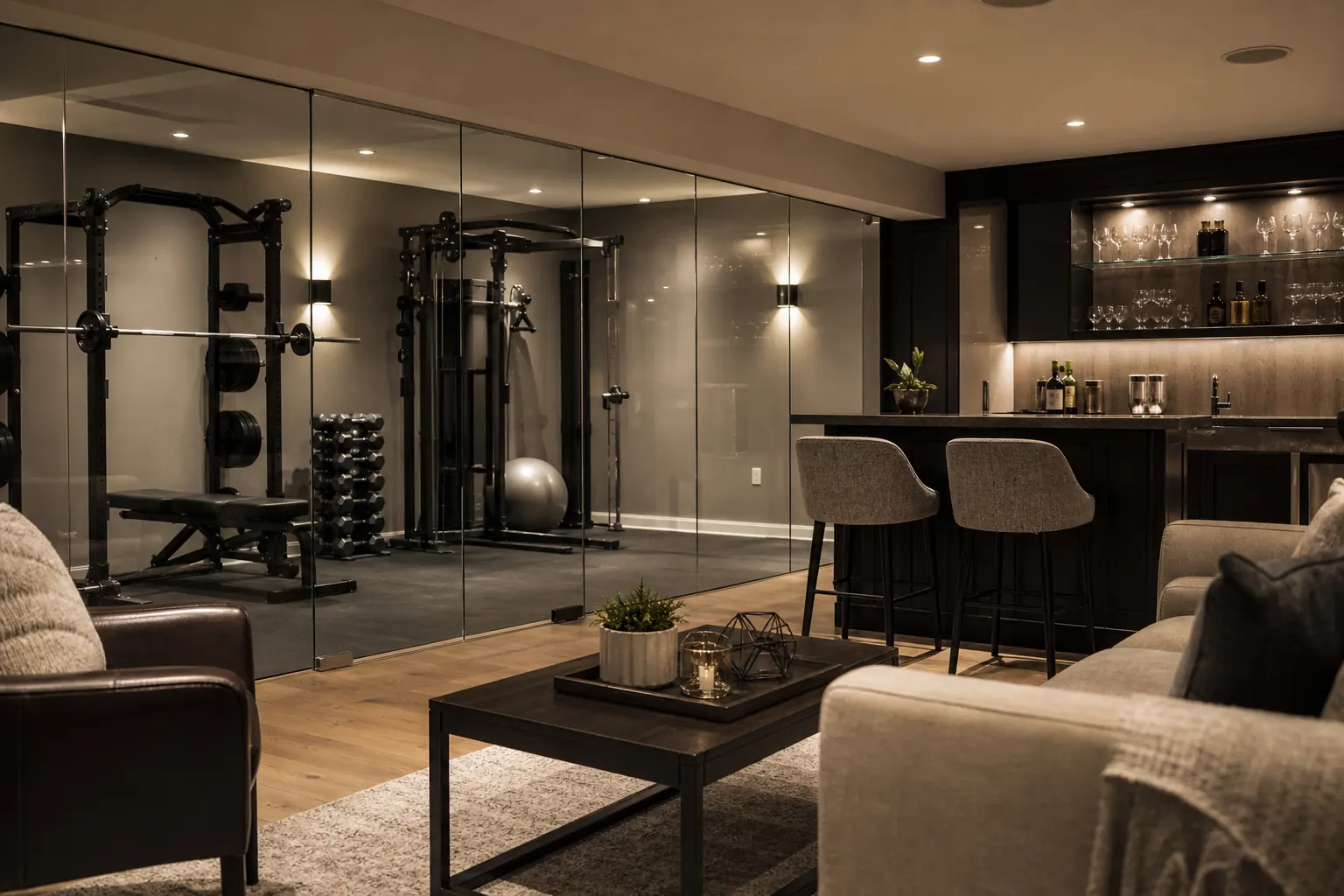 Basement with wet bar and gym